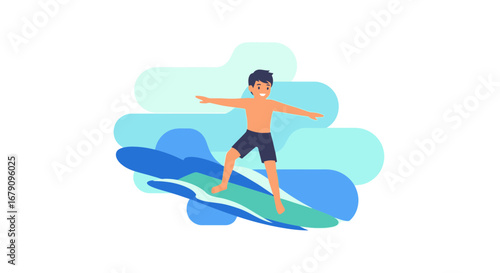 Young Man Enjoying The Surf, Floating Over Water, Illustrated With Vibrant Colors