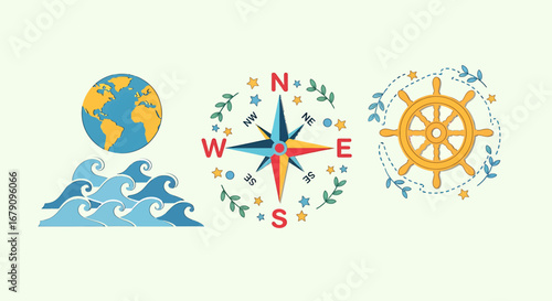 Stylized nautical exploration icons, globe with waves, compass rose, and ship
