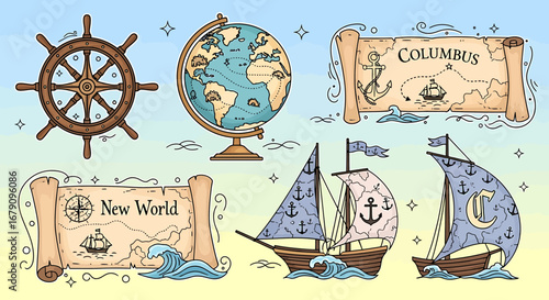Vintage nautical themed design featuring antique maps, ships, globe and wheel