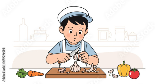 Young Chef Skillfully Prepares Food Ingredients in Clean and Organized Kitchen Setting