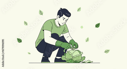 Young Man Harvesting Fresh Cabbage In A Garden, Simple Illustration Concept