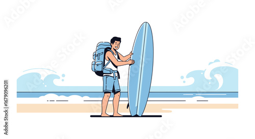 Young man holding a surfboard on the beach during summer vacation