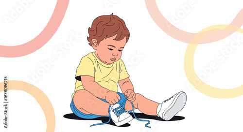 Young Child Attempting To Tie Shoes, Capturing Moments Of Toddlerhood In Illustration