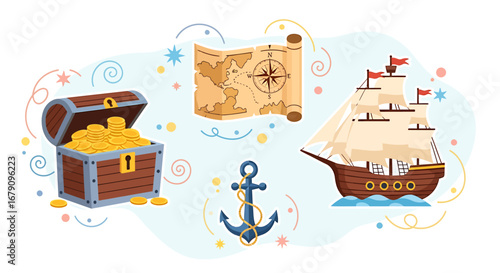 Cartoon nautical adventure scene featuring treasure and sailing vessel