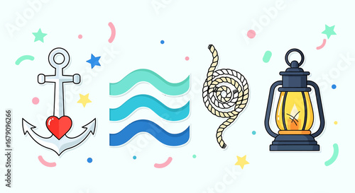 Whimsical nautical themed elements featuring anchor waves rope and lantern