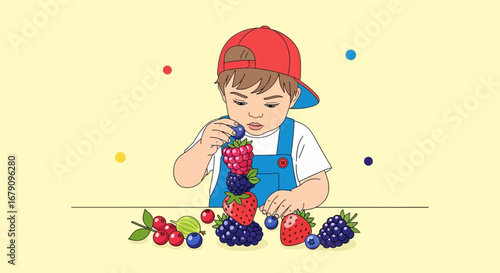 Young Child Building A Fruit Tower, Illustrating Healthy Eating And Childish Playtime