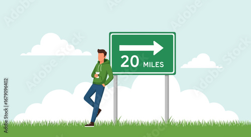 Young Man Leaning Against Road Sign Displaying A Distance of Twenty Miles Towards Destination