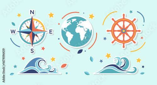 Nautical elements illustrations with sea waves, ship wheel, compass and globe