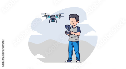 Young Man Operating A Drone For Leisure In The Sky With A Remote Controller