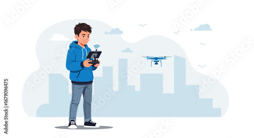 Young man operating a drone with a remote control in a cityscape background.