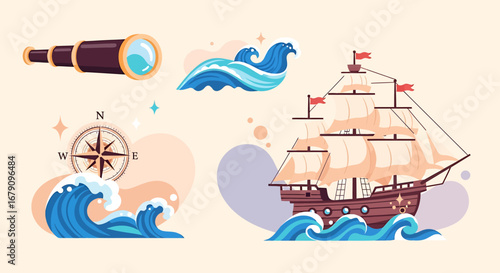 Cartoon illustration featuring nautical theme elements like a ship and compass