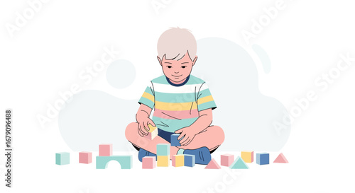 Young Child Creates and Builds Structures with Colorful Wooden Blocks to Play