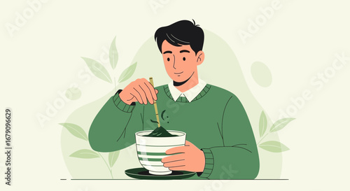 Young Man Preparing Matcha Tea In A Cup, Illustration With Natural Green Background