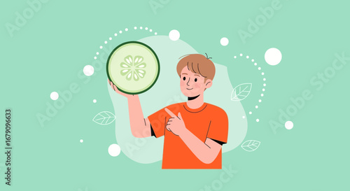Young Man Presenting A Freshly Cut Cucumber Slice, Healthy Eating Concept