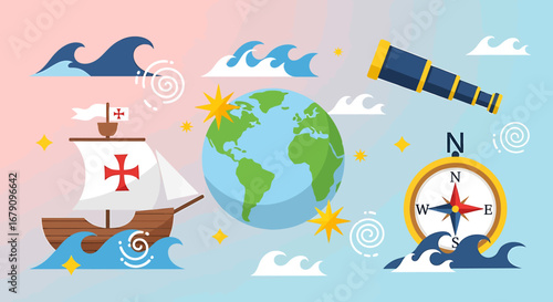 Nautical Exploration Cartoon Icons: Ship, Globe, Compass and Telescope