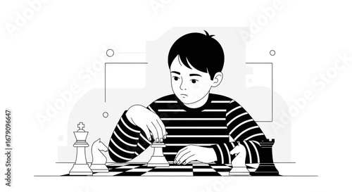 Young Child Engaged In A Challenging Chess Game Focusing On Strategic Thought