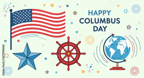 Festive illustration celebrates Columbus Day with nautical and patriotic
