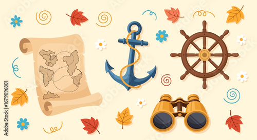 Vintage nautical voyage elements featuring map, anchor, wheel and binocular