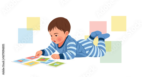 Young Child Engaged In Playful Learning Activity With Colorful Educational Cards