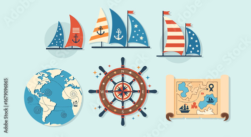 Whimsical nautical elements featuring sailing vessels, a compass, globe, and