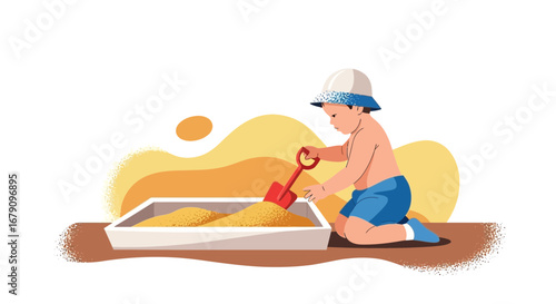 Young Child Enjoys Playing With Sand, Using A Shovel, At The Outdoor Sandbox