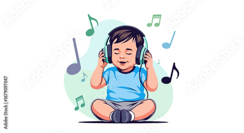 Young Child Immersed In Music Listening Through Headphones Enjoying Melodic Notes
