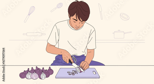 Young Man Slicing Red Onions On Cutting Board In Kitchen With Cooking Utensils