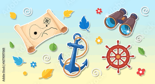 Cartoonish nautical elements arrangement with adventure theme for kids design