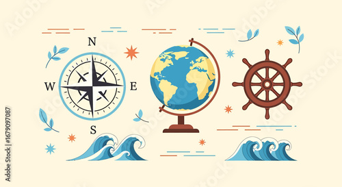 World Exploration Elements Depicting Navigation, Geography, and Maritime Themes