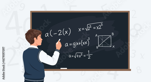 Young Man Solving Equations On Blackboard Depicting Education And Learning