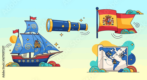 Historical maritime exploration with ship, spyglass, spain flag and detailed map