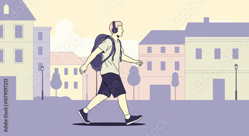 Young Man Walking On A City Street Listening To Music, Vector Illustration