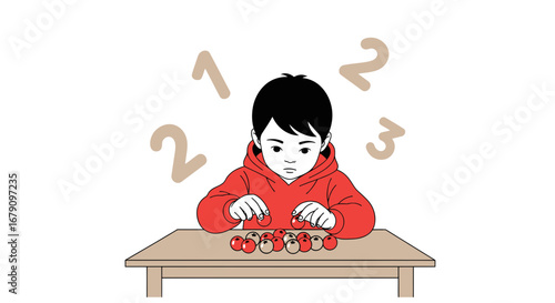 Young Child Learning Count With Fruit, Numbers Floating Above The Table Illustration