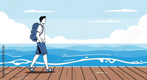 Young Man Walking On A Wooden Dock With His Backpack Overlooking The Ocean