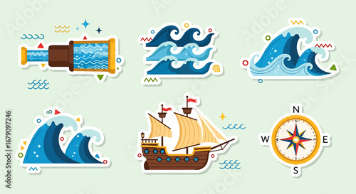 Collection of Nautical Icons, Representing Sailing, Navigation, and Ocean
