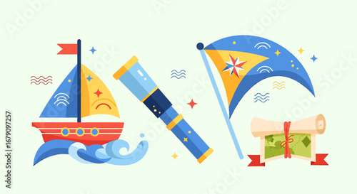 Nautical Adventure Elements with Ship, Telescope, Chart and Wind Rose Banner