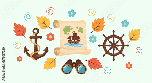 Whimsical adventure layout featuring nautical icons, flora and a vintage map