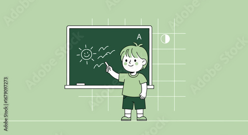Young Child Learning, Drawing, and Teaching on a Blackboard with a Smiling Sun