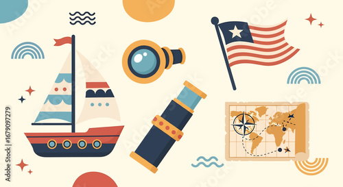Nautical themed digital illustration featuring voyage elements and travel icons