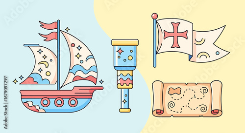 Stylized voyage theme illustration including a sailing ship, map and flag