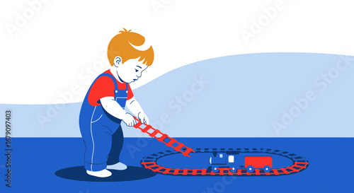 Young Child Playing With A Train Track In A Room Of Blue And White Colors