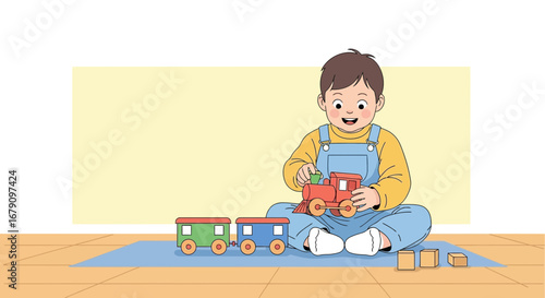 Young child playing with a toy train, happy toddler enjoying playtime indoors and having fun alone