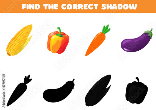 Find correct shadow. Vector illustration of vegetables – corn, bellpepper, carrot, eggplant. Educational puzzle for children. Preschool learning game. Logic and recognition skills.