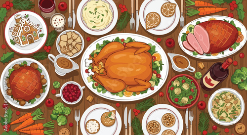 Festive holiday feast illustration showcasing a variety of traditional dishes and seasonal decorations arranged on a wooden table