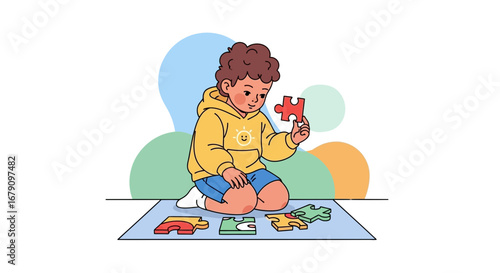 Young child playing with puzzle pieces, illustrating problem solving and learning