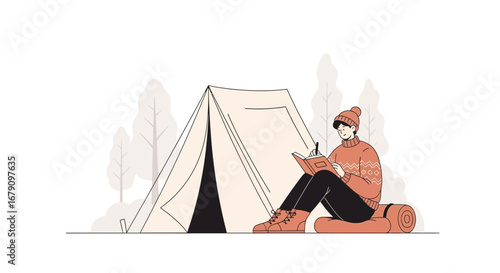 Young Person Camping, Writing in a Journal Outside of a Tent in Nature Setting
