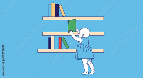 Young Child Reaching For Book On Shelves, Education And Early Conceptualization