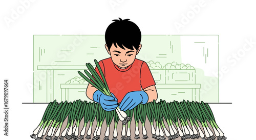 Young Person Carefully Inspects Freshly Harvested Spring Onions in a Modern Illustration