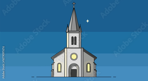 Stylized church illustration with a steeple cross against a blue evening sky background in vector format architecture and faith representation