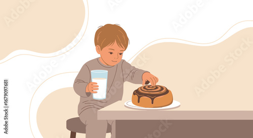 Young Child Reaching For Pastry Holding Glass Of Milk At Table Enjoying Snack Time
